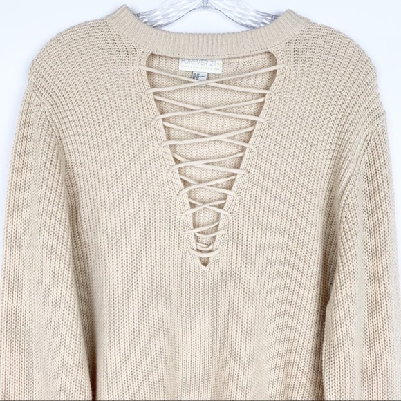 Forever 21 Cream Knit Lace Up Sweater - Picture 3 of 8